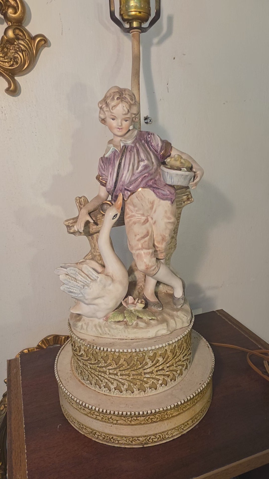European Vintage decorative porcelain lamp base (boy with goose)