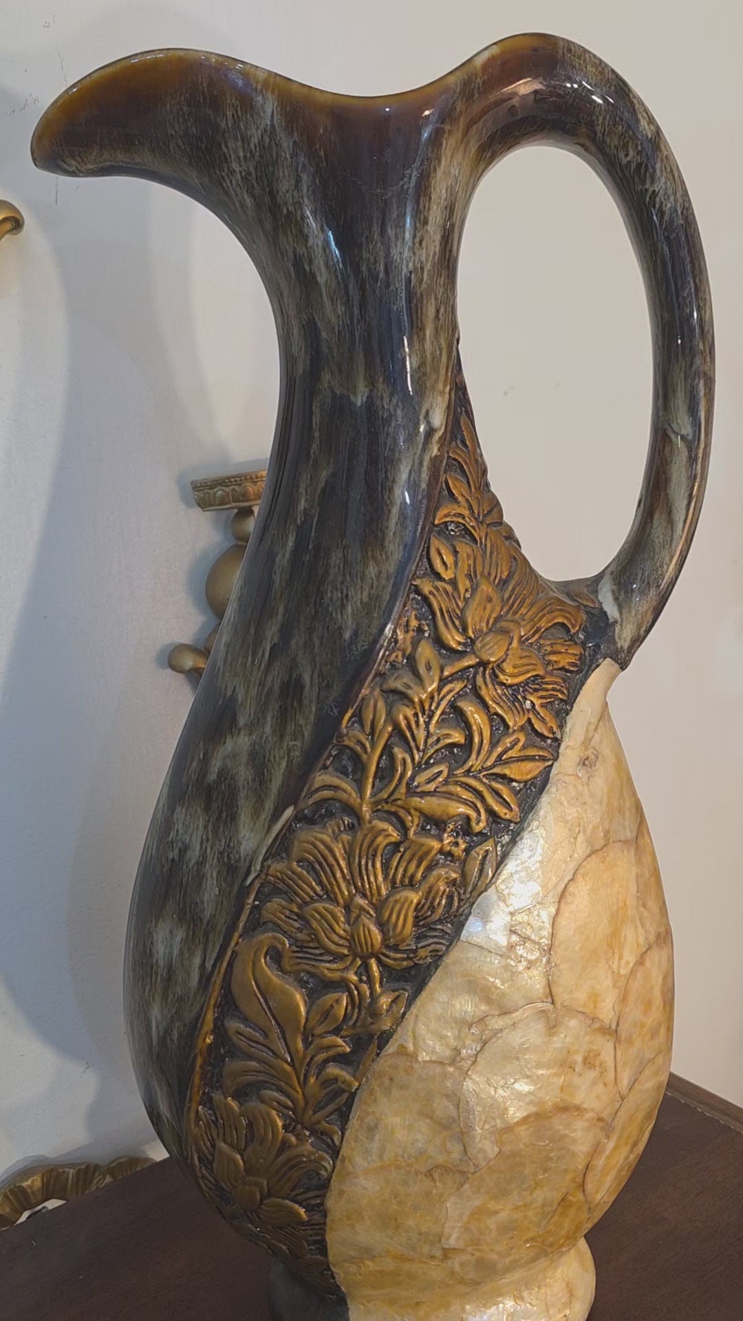 Decorative Sculptural Carafe – Textured Stone & Gold Elegance