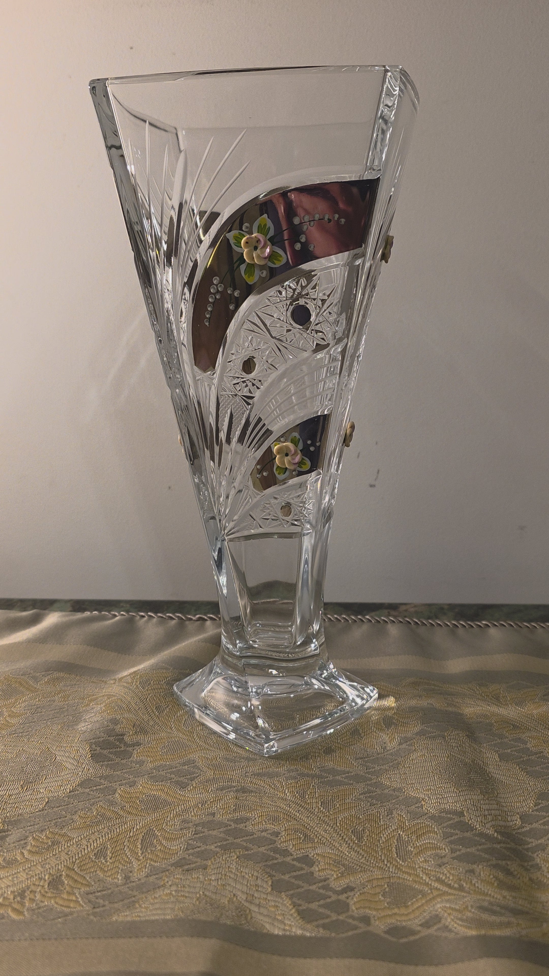 Bohemian Cut-Crystal Vase with Floral Embellishments