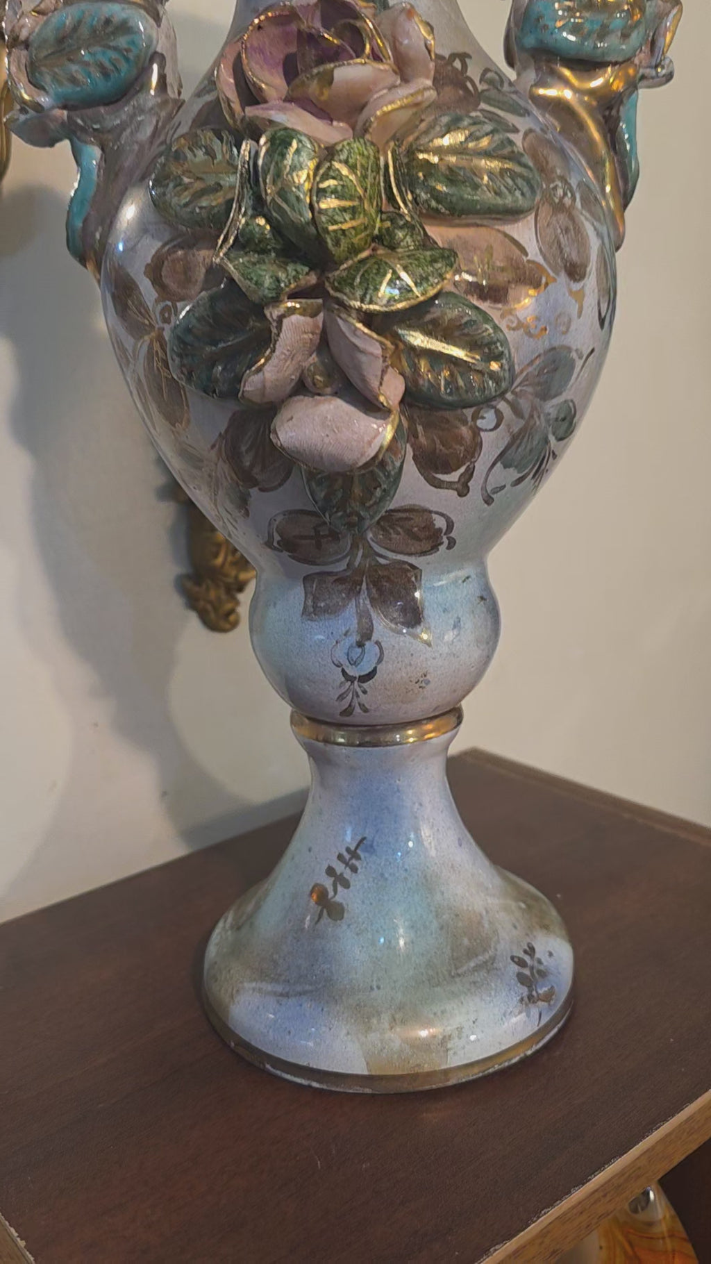 Vintage Hand-Painted Floral Relief Vase with Sculpted Rose Motif