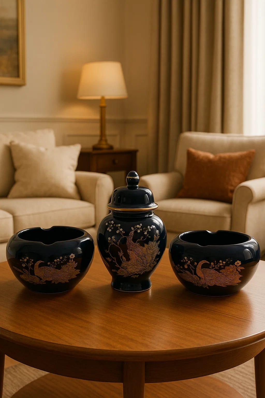 Vintage Japanese Porcelain — Cobalt Blue Peacock & Floral Set