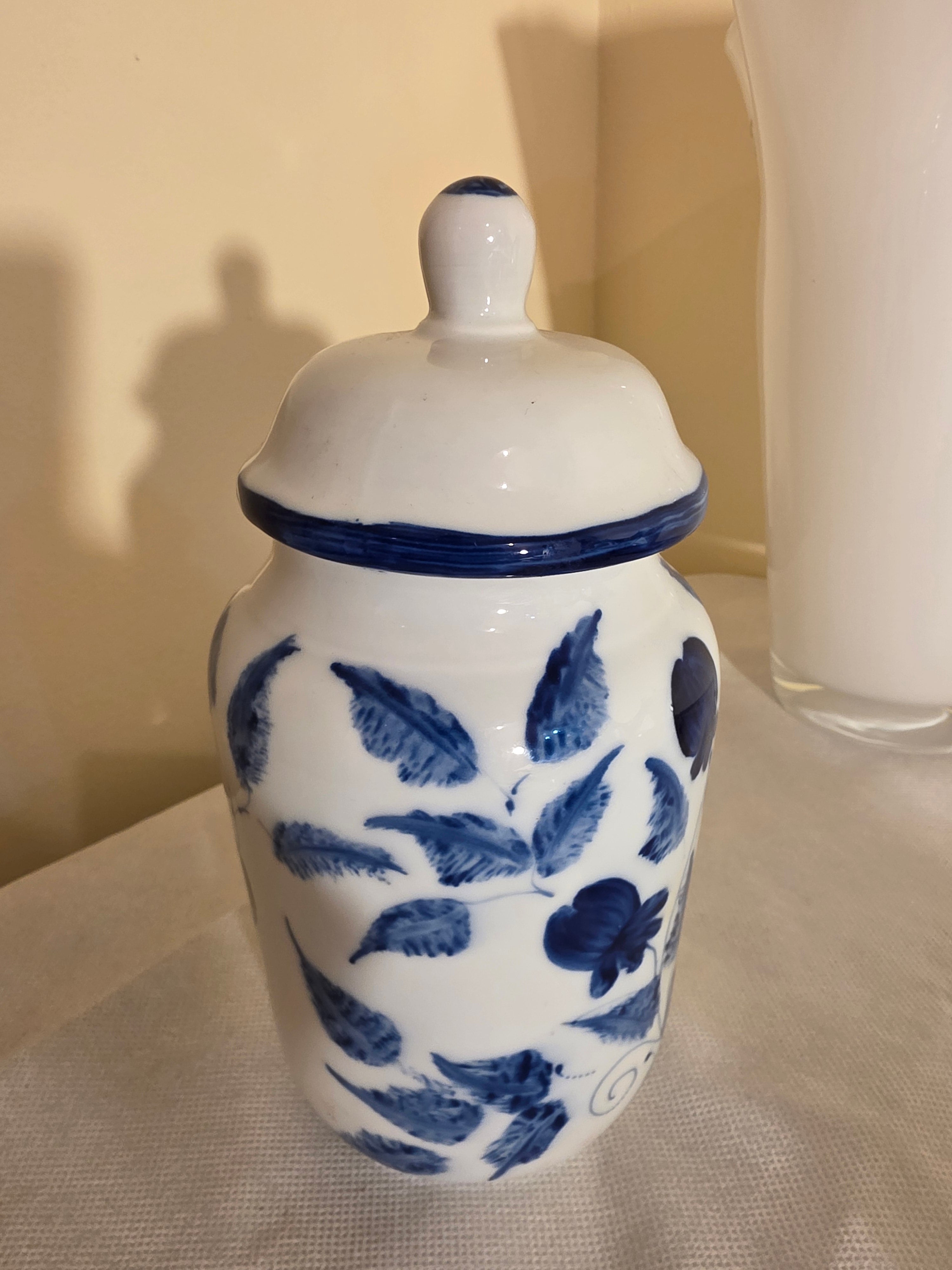 Hand-Painted Blue & White Porcelain Vase & Lidded Jar Set