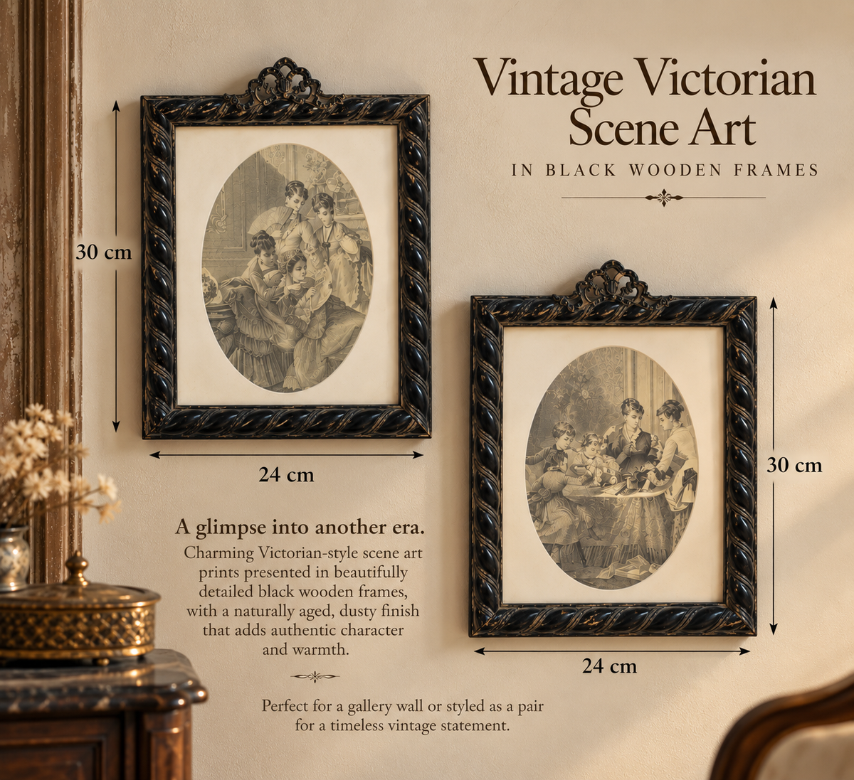 Vintage Victorian Scene Art in Black Wooden Frames