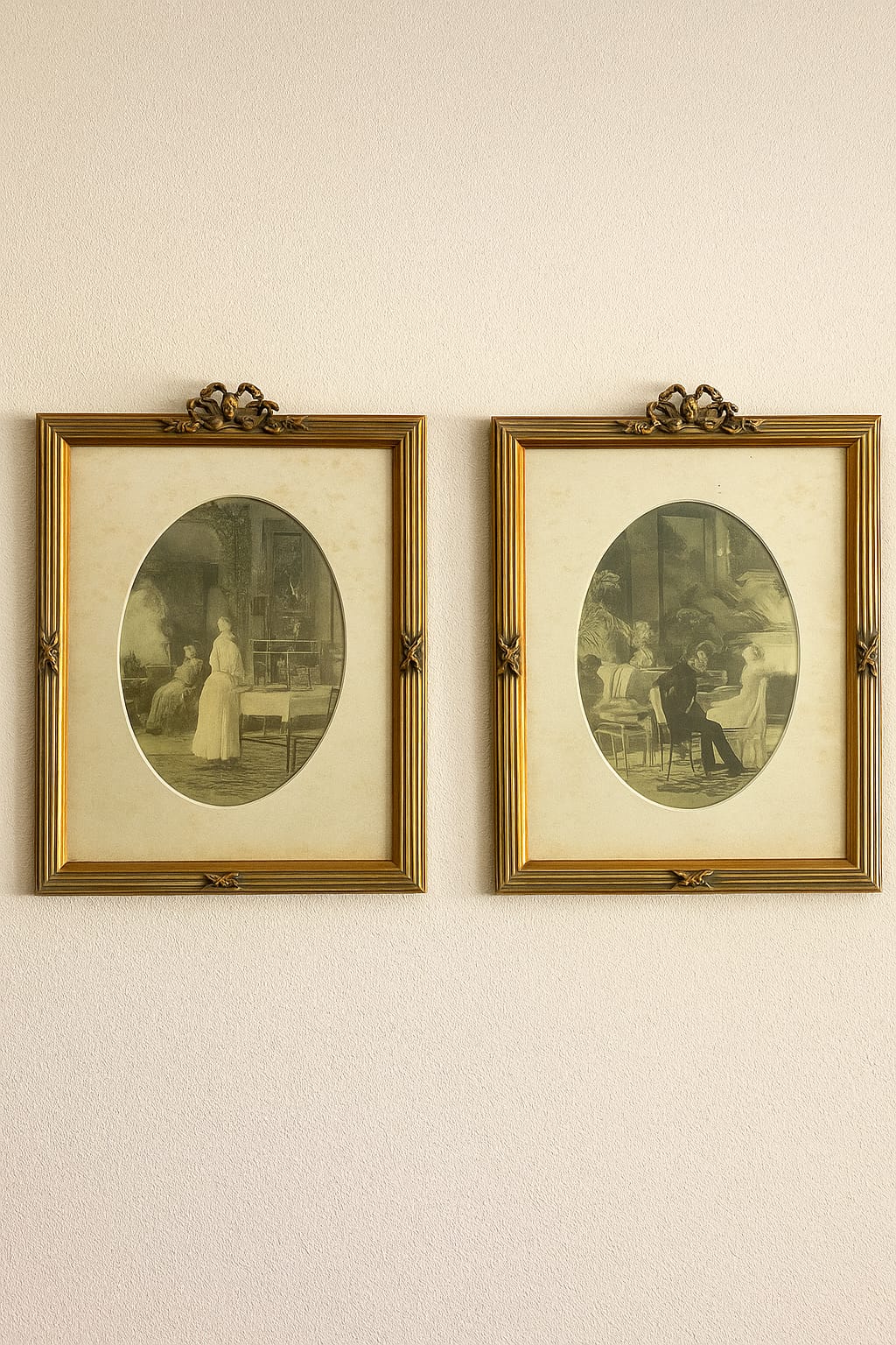 A matched pair of Italian gravure prints in ornate gold frames. Classic oval wall art that adds r...