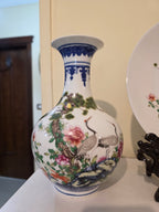 3-Piece Chinese Porcelain Set Vase Pair & Plate with Stand Cranes & Pine Motif