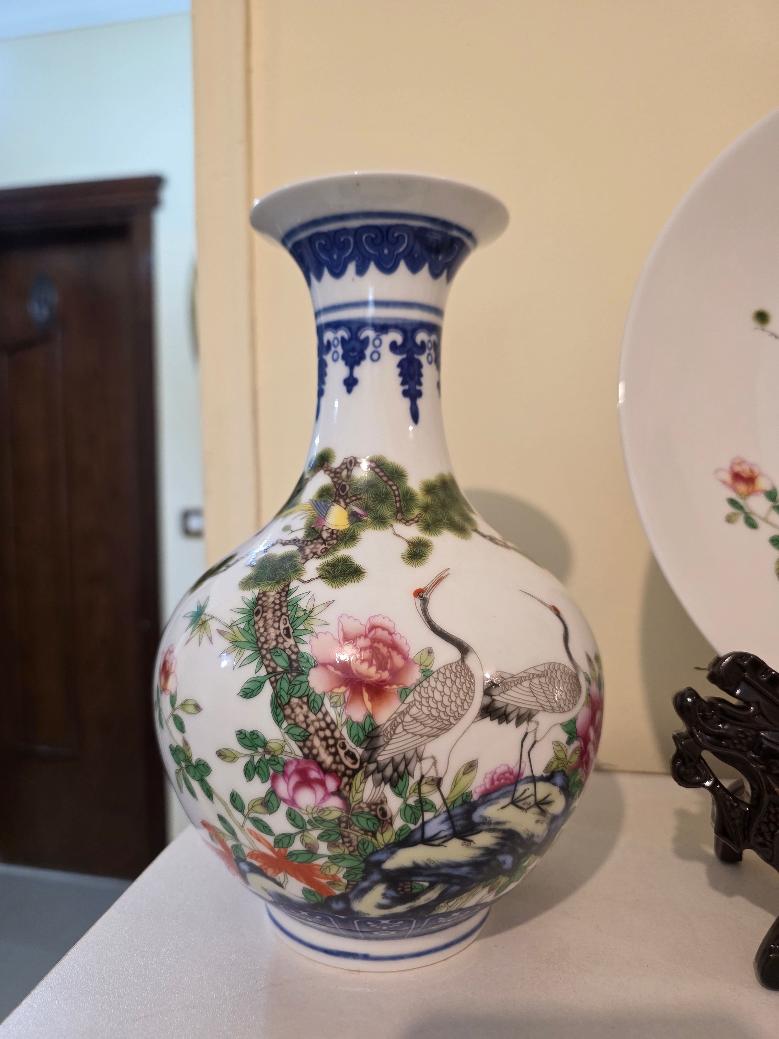 3-Piece Chinese Porcelain Set Vase Pair & Plate with Stand Cranes & Pine Motif