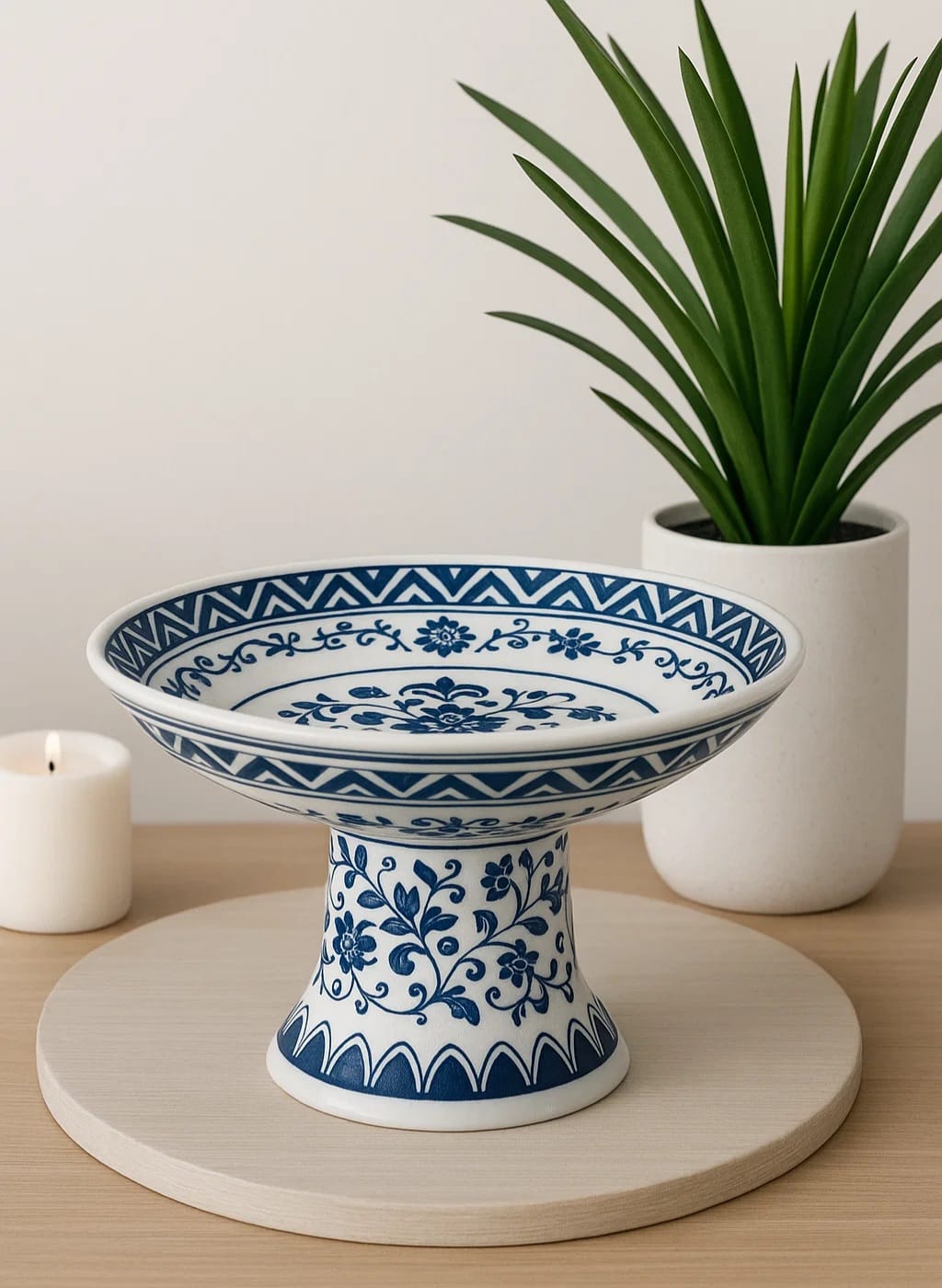 A timeless blue blanc porcelain
pedestal bowl with a classic
floral motif.