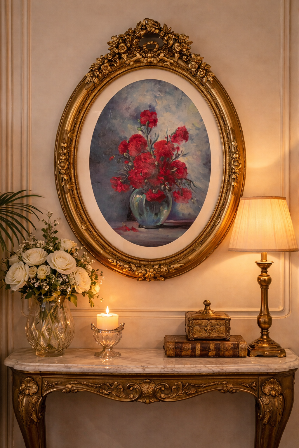 A showpiece wall plaque: ornate gold oval frame, lush floral artwork