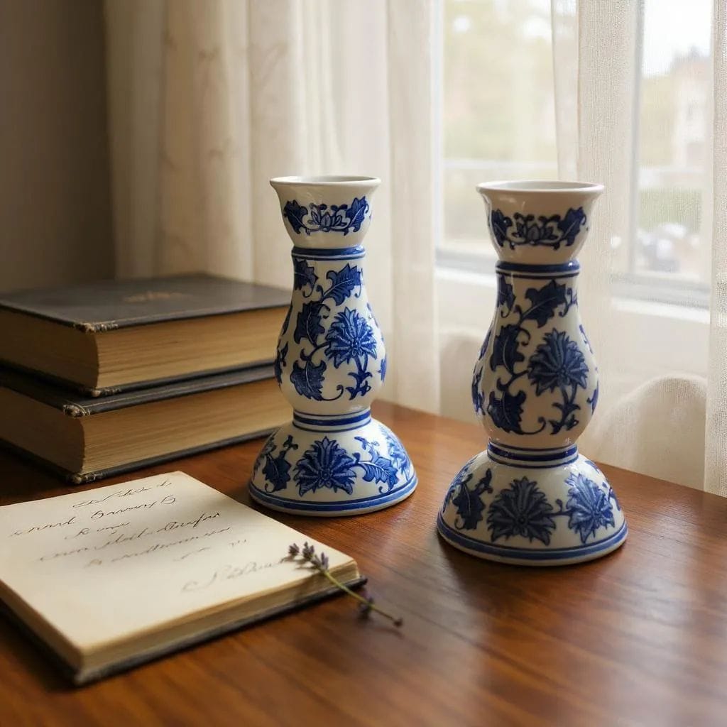 Blue Blanc Ceramic Candle Holders (Pair) — Delft/Chinoiserie-Style Floral Motif