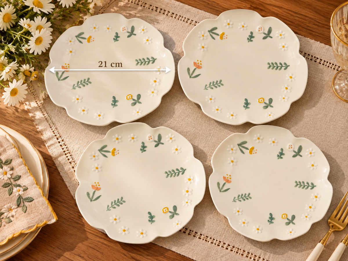 Daisy Meadow Scalloped Dessert Plates – Set of 4