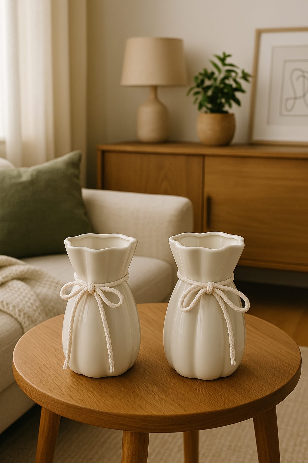 Ivory Ceramic Bud Vases with Ribbon Ties — Set of 2