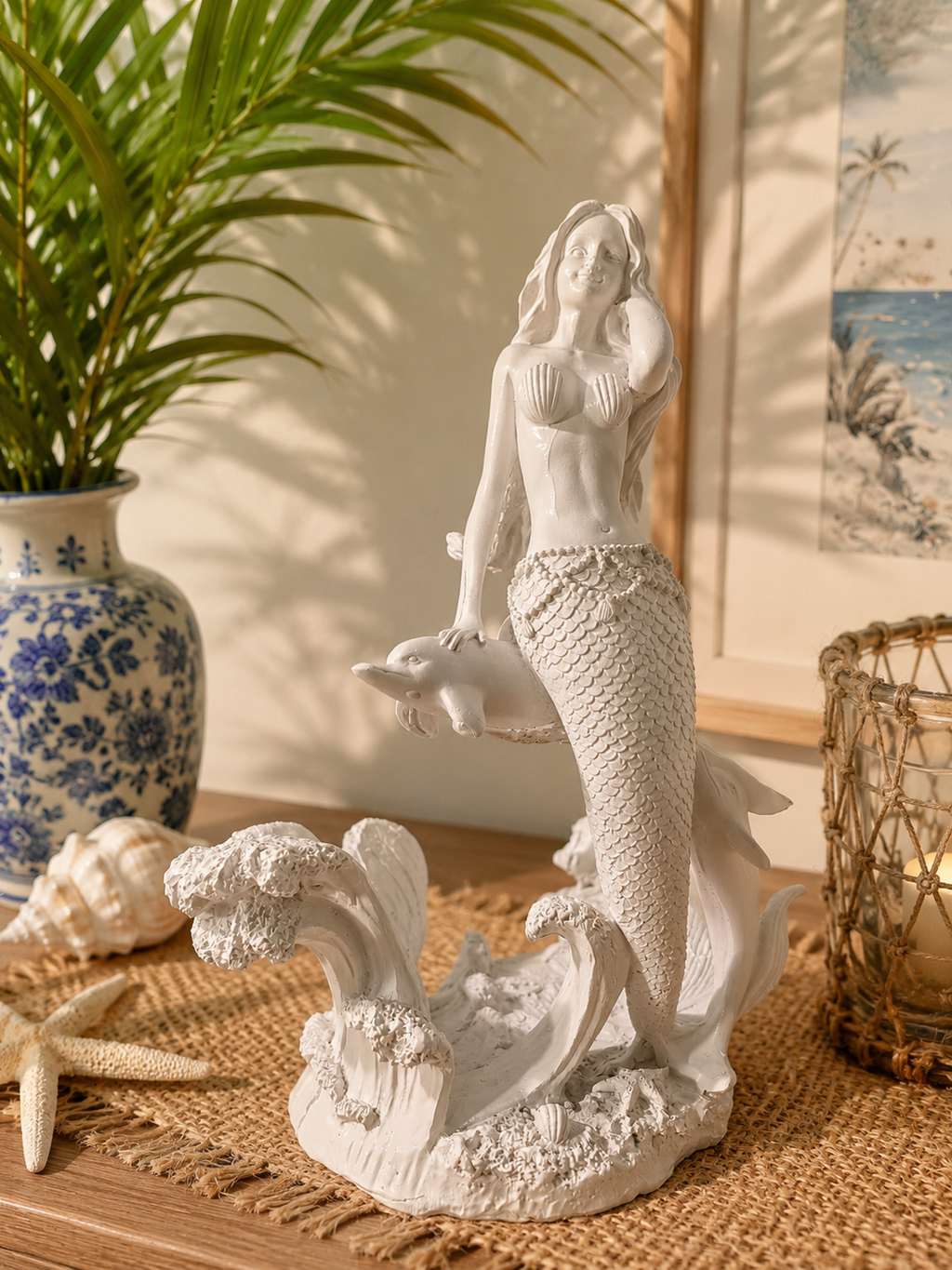 White Resin Mermaid with Dolphin Sculpture
