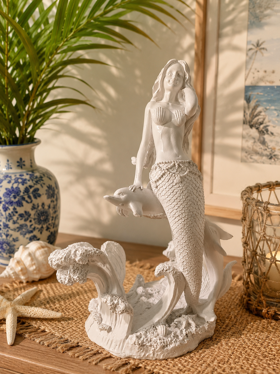 White Resin Mermaid with Dolphin Sculpture