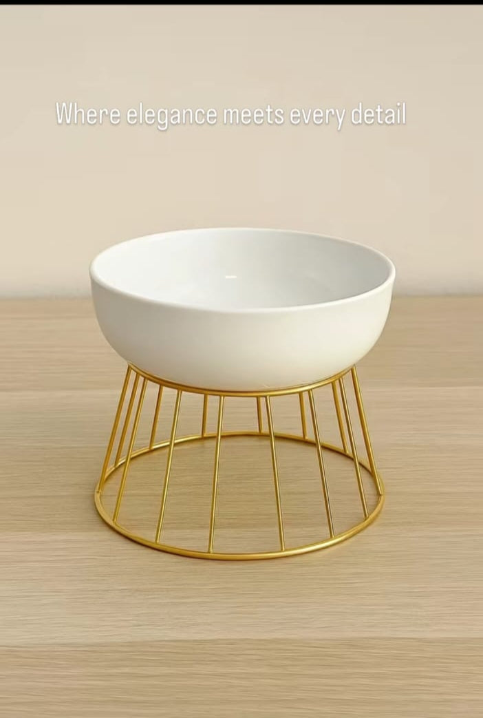white ceramic bowl paired with a
polished gold-tone stand.