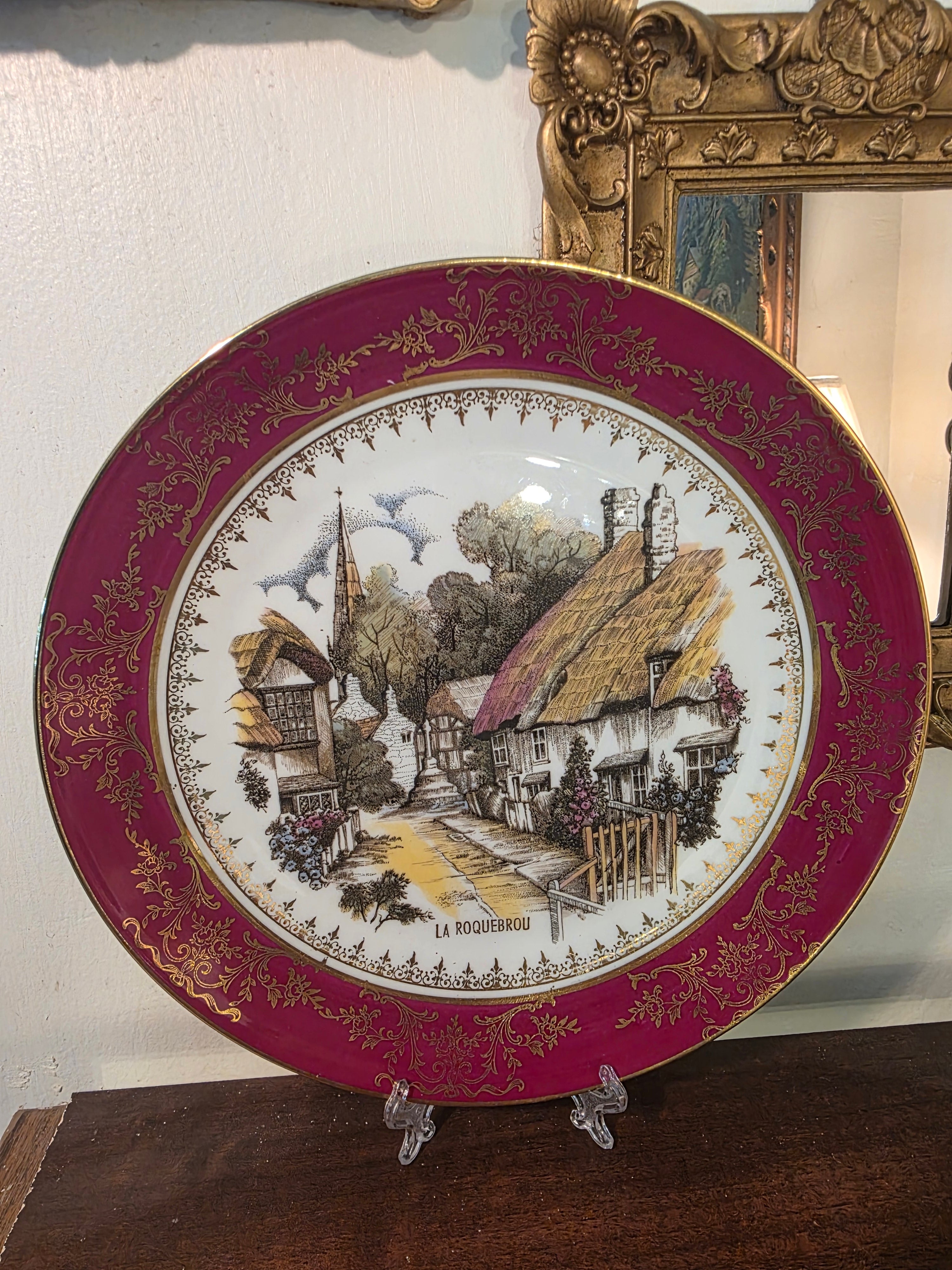 Vintage Limoges France Decorative Plate – Burgundy & Gold Village Scene