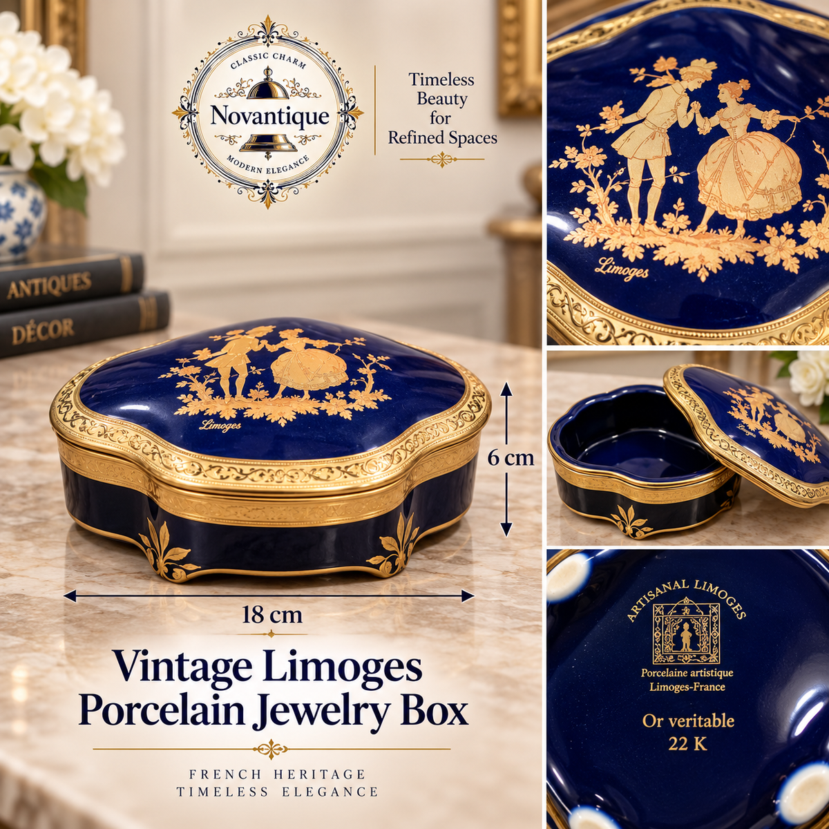 Vintage Artisanal Limoges France Cobalt Blue Trinket Box – 22K Gold Courting Couple