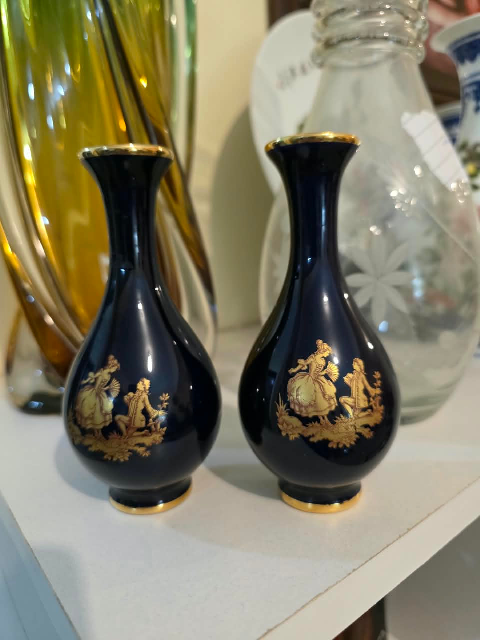 Pair of Vintage Limoges "La Reine" Cobalt Blue & 22k Gold 13cm Miniature Vases