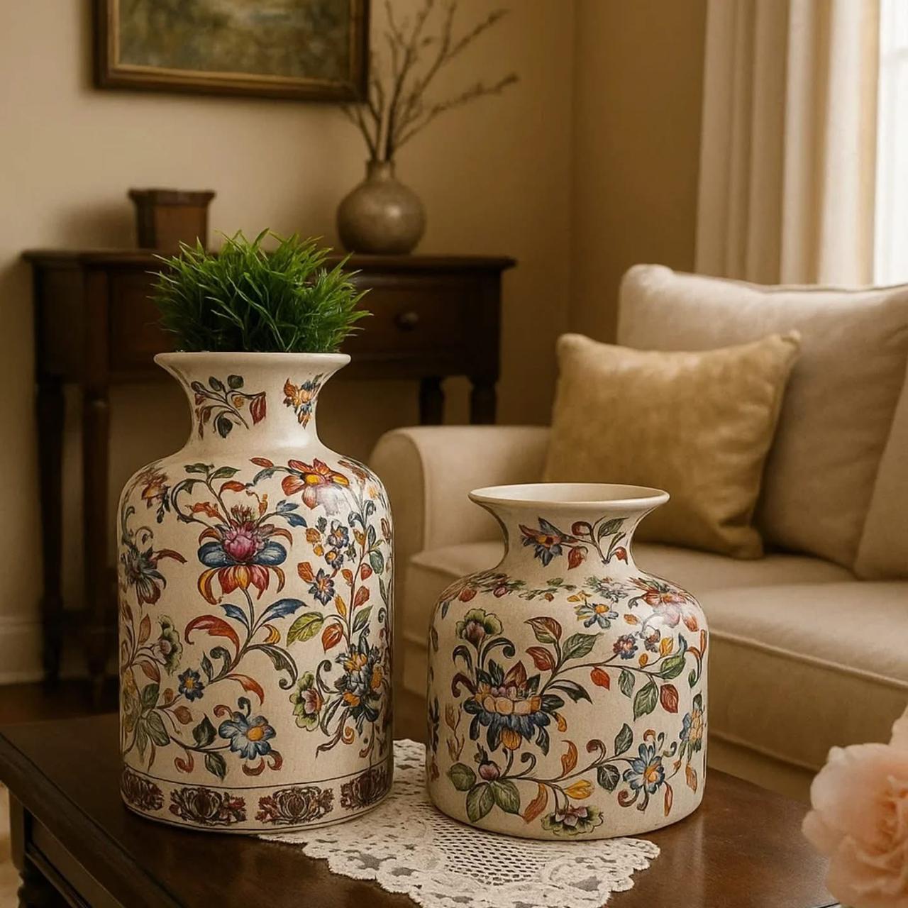 A matched pair of Chinese-floral ceramic vases covered in vibrant, multicolored vine and blossom ...