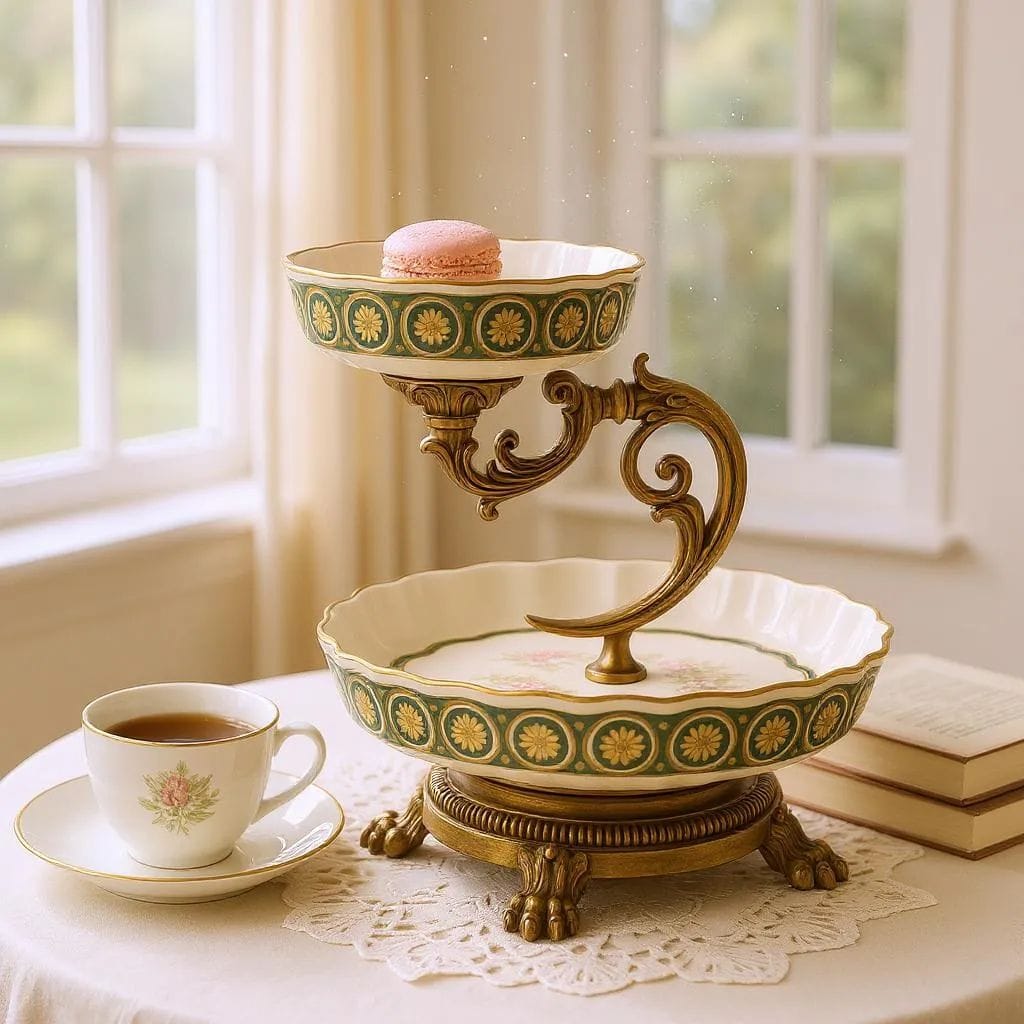 Elegant two-tier stand in gold metal