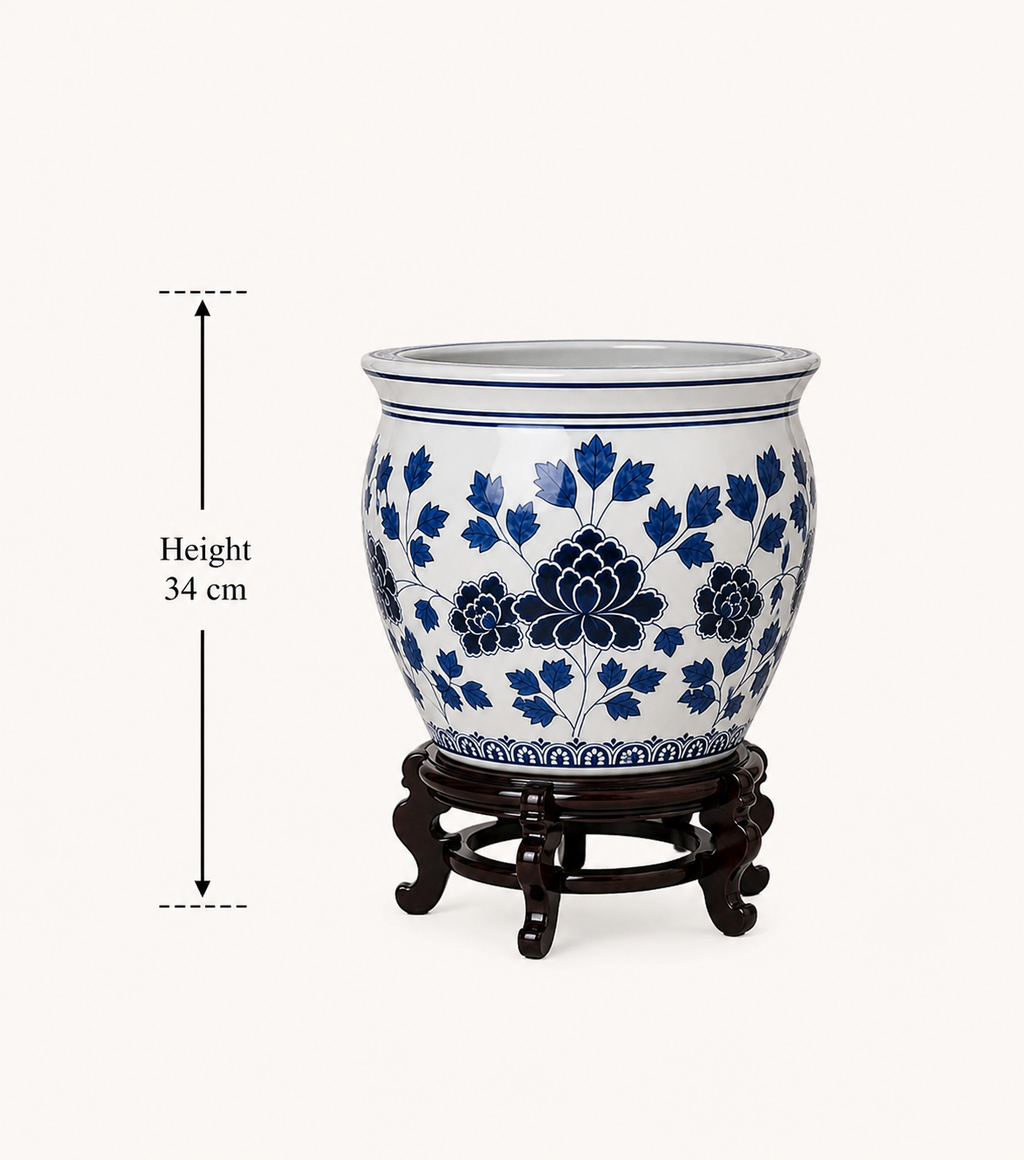 Bleu Blanc Floral Porcelain Planter with Wooden Stand