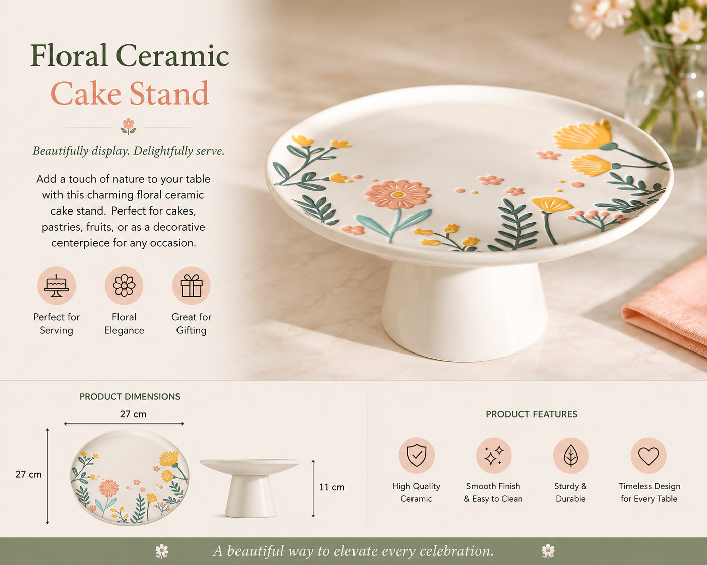🌸 Floral Garden Ceramic Cake Stand – 27 cm