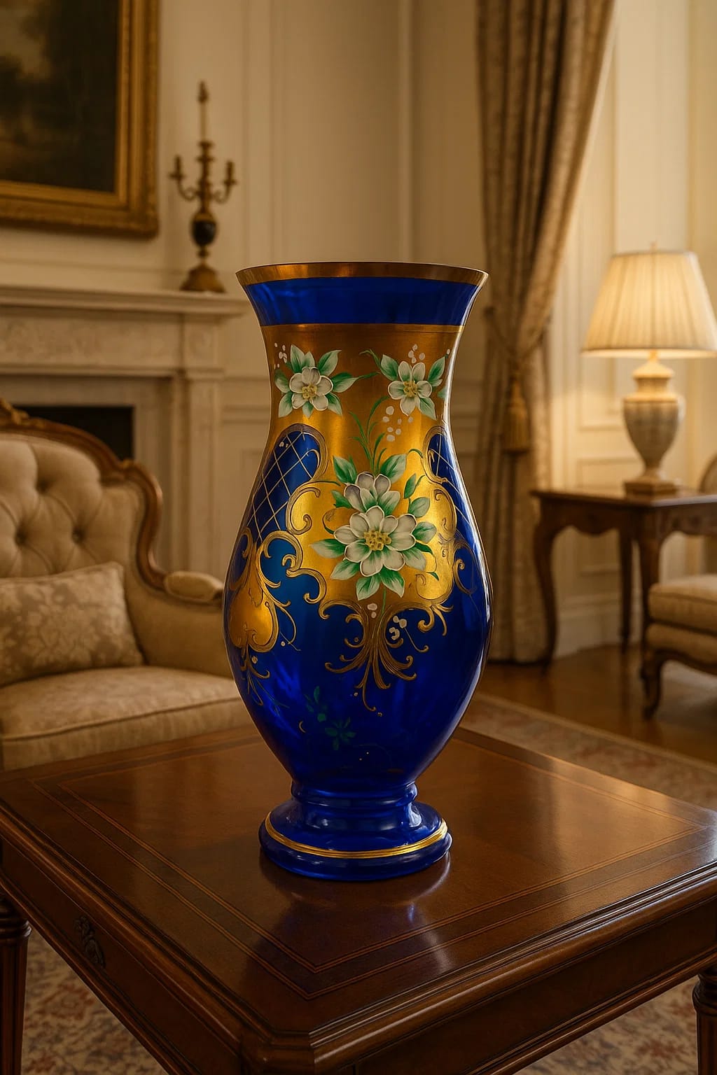 Bohemian vases, featuring rich cobalt blue glass with ornate gold and white floral enamel.