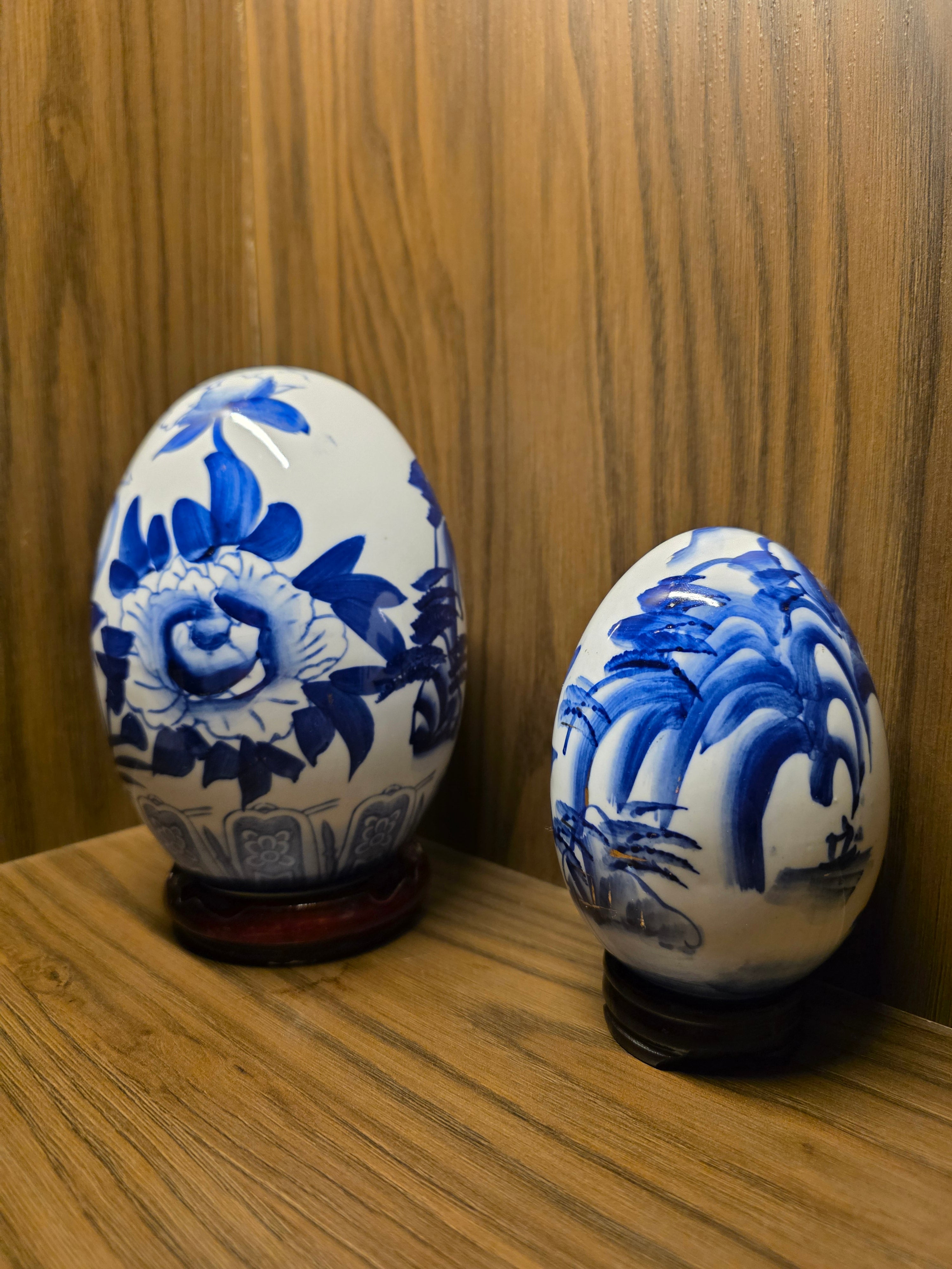 Blue & White Porcelain Eggs — two hand-painted