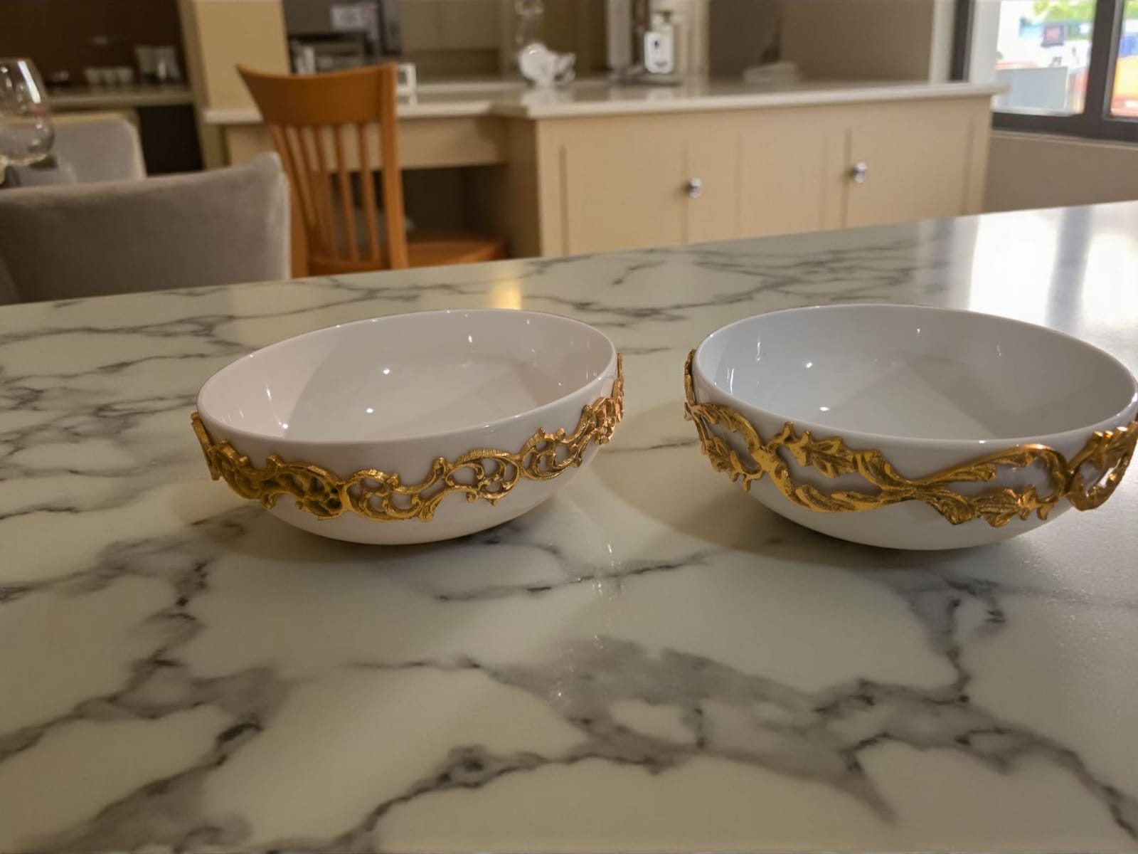 White Porcelain Bowls with Copper Vine Rim — Set of 2