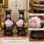 Pair of Vintage Cloisonne 23cm Vases – Black Enamel Peony & Wood Stands (See Notes)