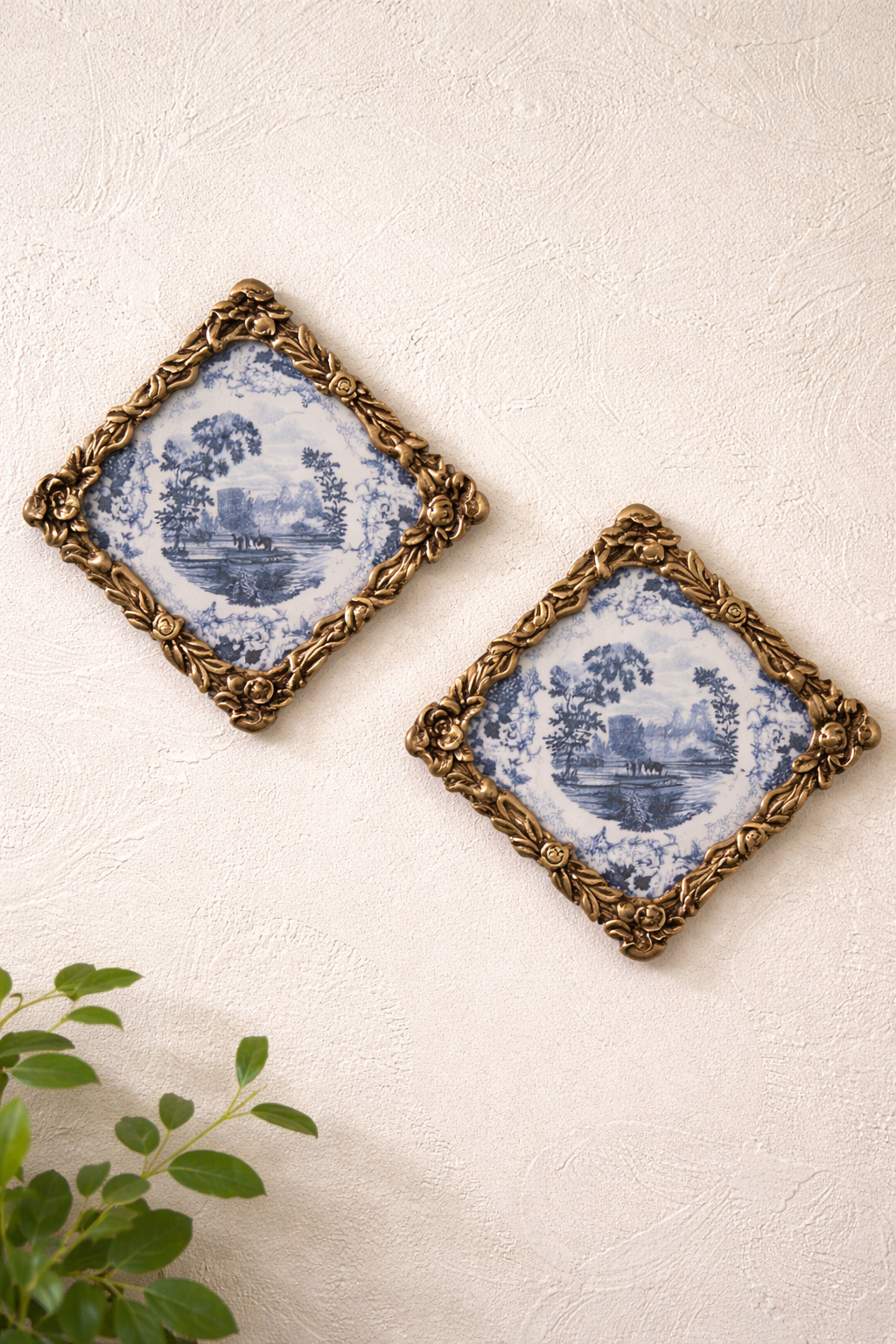 Vintage Blue & White Porcelain Plaques in Ornate Copper Frames (Set of 2)