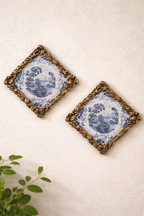Vintage Blue & White Porcelain Plaques in Ornate Copper Frames (Set of 2)