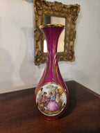 Vintage Limoges France Hand-Painted Porcelain Vase – Burgundy & Gold Romantic Scene