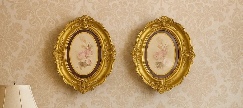 A pair of vintage-style oval frames in a richly gilded finish, each with a delicate floral cente...