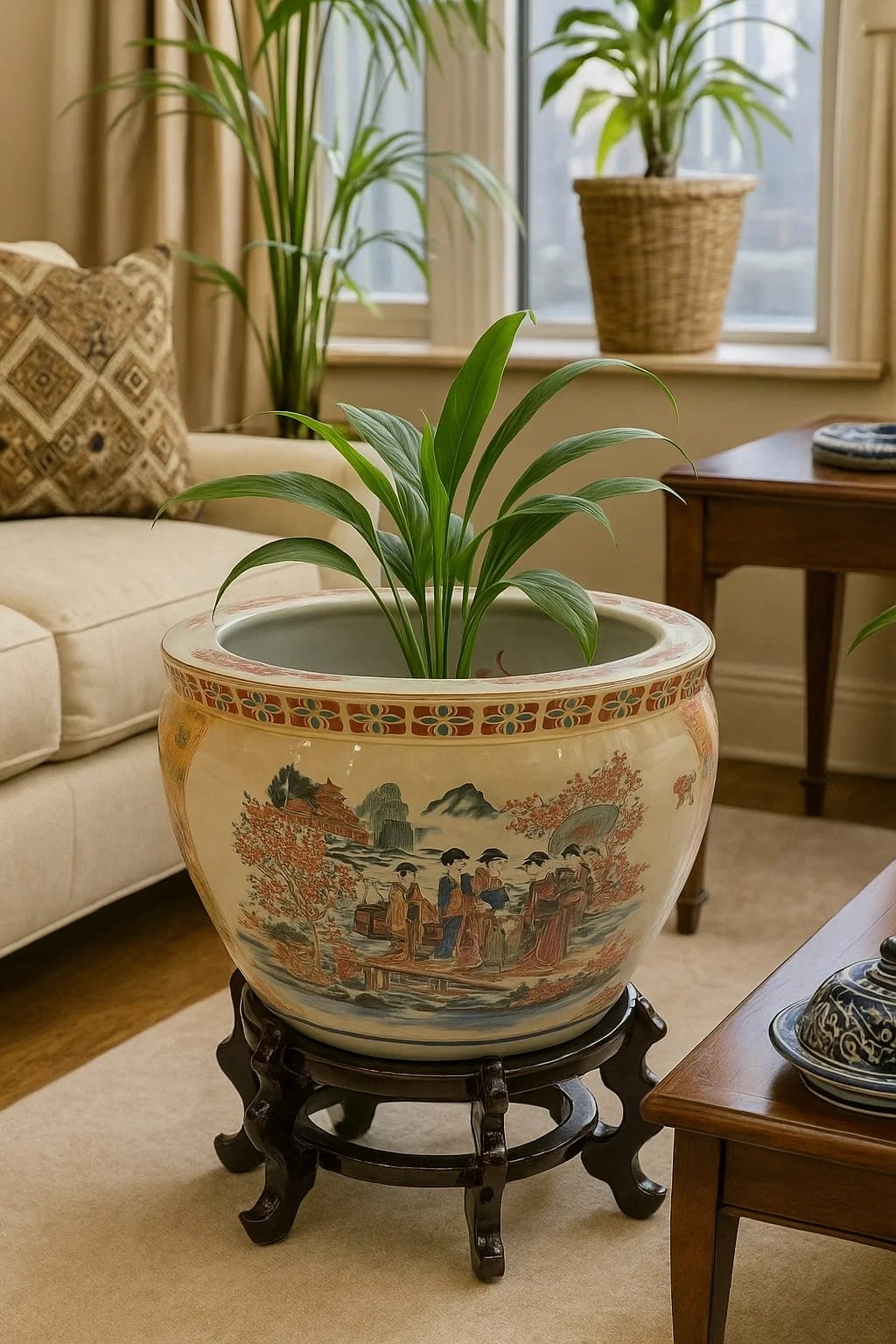Porcelain Fishbowl Planter with Carved Wood Stand