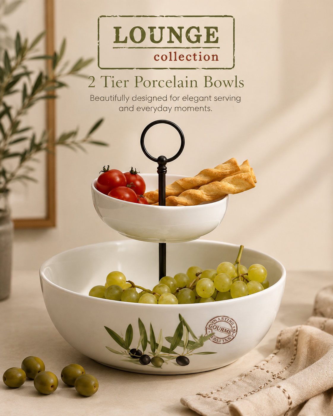2-Tier Porcelain Serving Bowl Stand