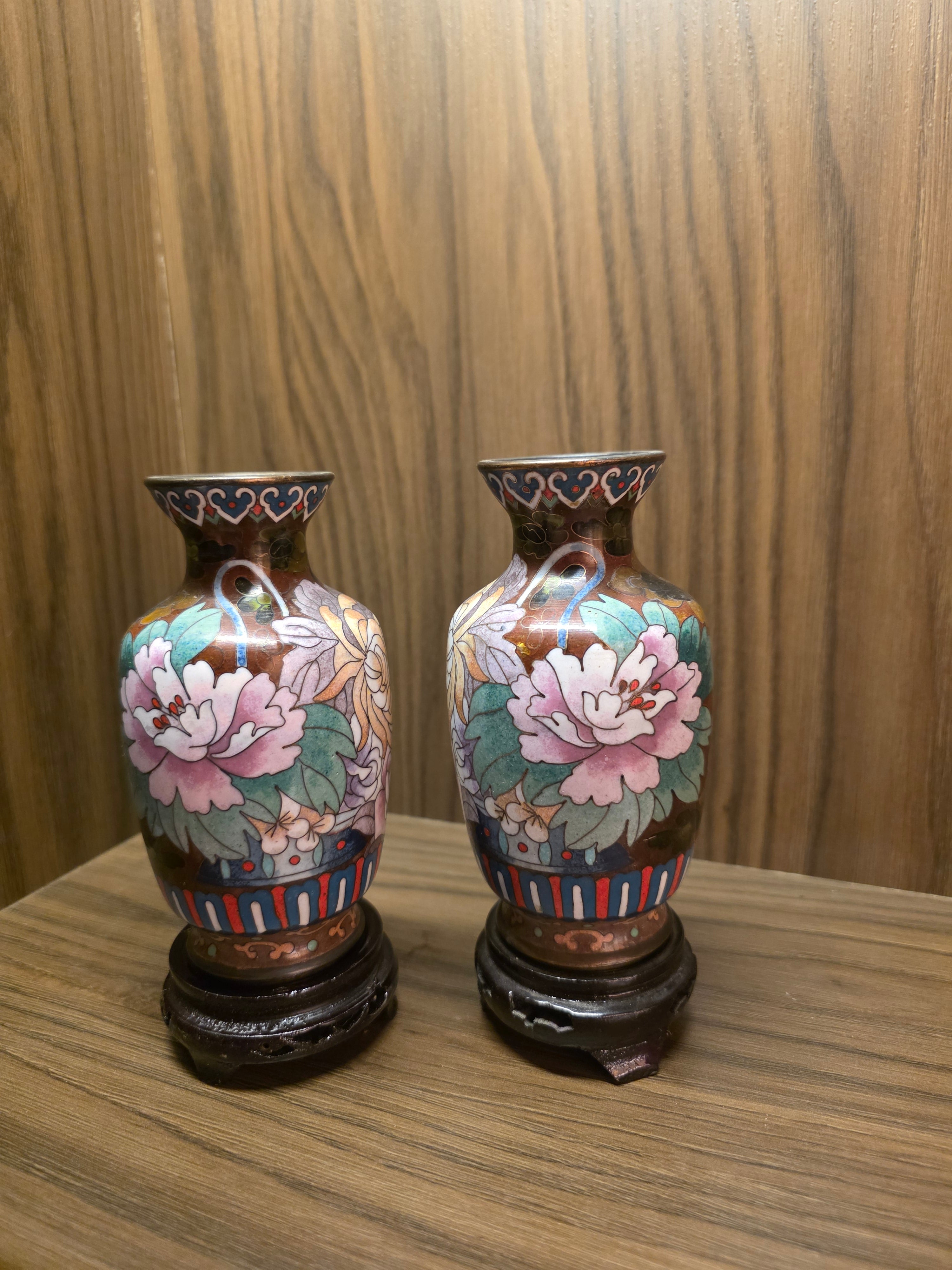 Brown Floral Cloisonné Vase Pair