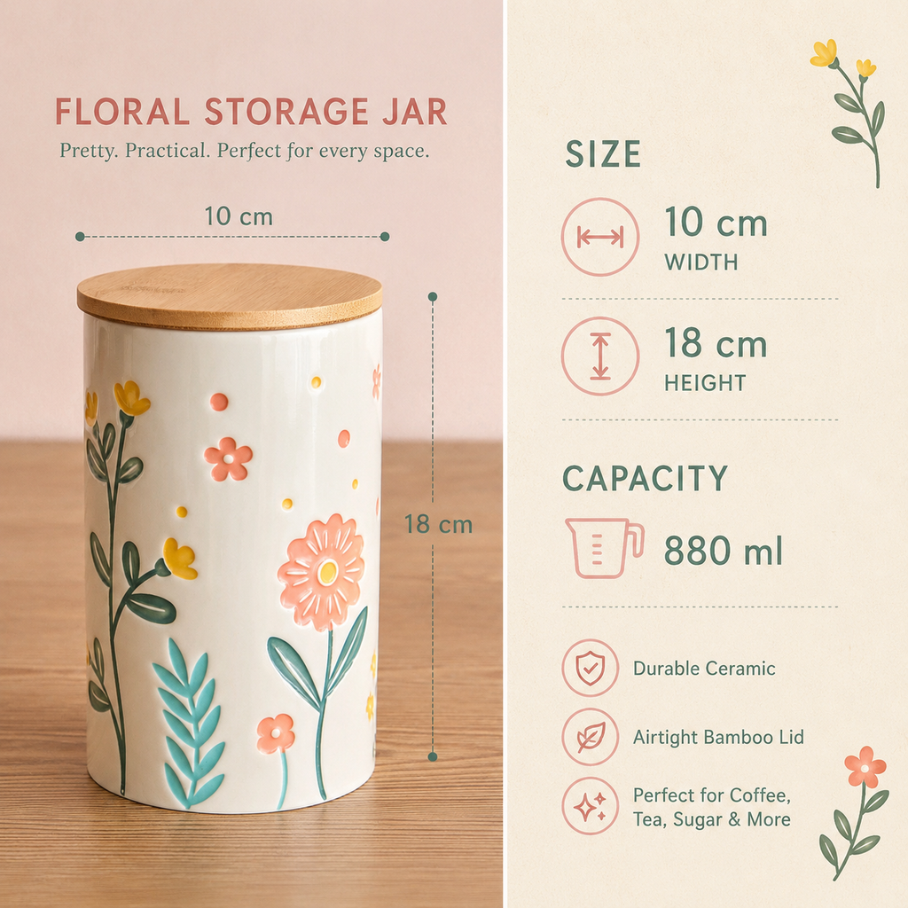 Imported 🌸 Floral Ceramic Storage Jar with Bamboo Lid – 880 ml - Home Center UAE
