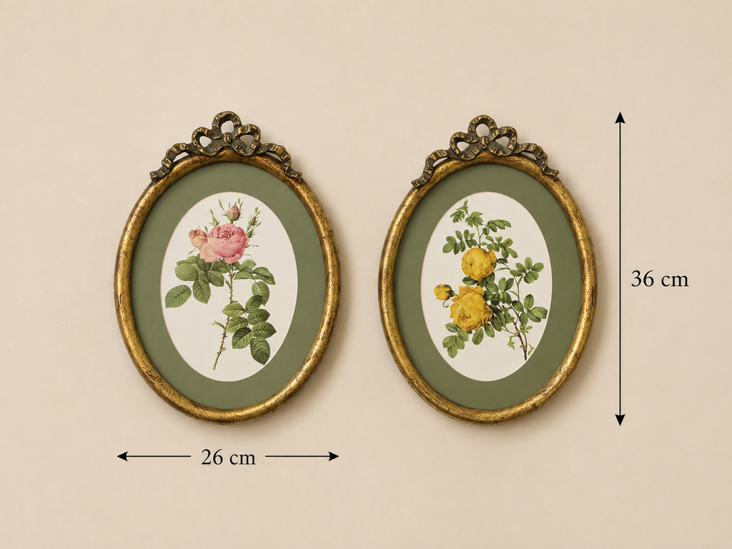 Vintage Botanical Rose Wall Art Pair in Olive Green & Antique Gold Frames