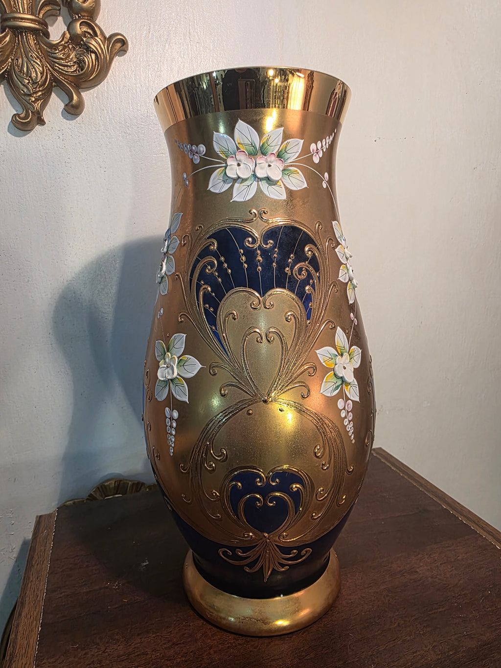Bohemian Cobalt Glass Vase with Gold Detailing
