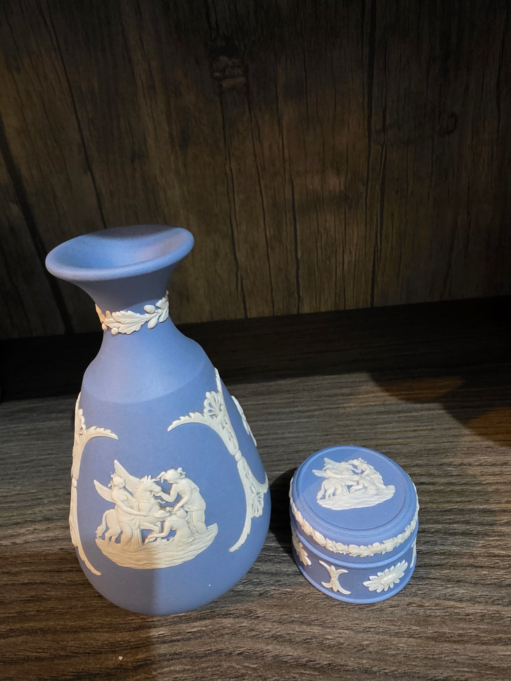 2-Piece Vintage Wedgwood Pale Blue Jasperware Set (1969 Trinket Box & 1975 Bud Vase) – Neoclassical Reliefs