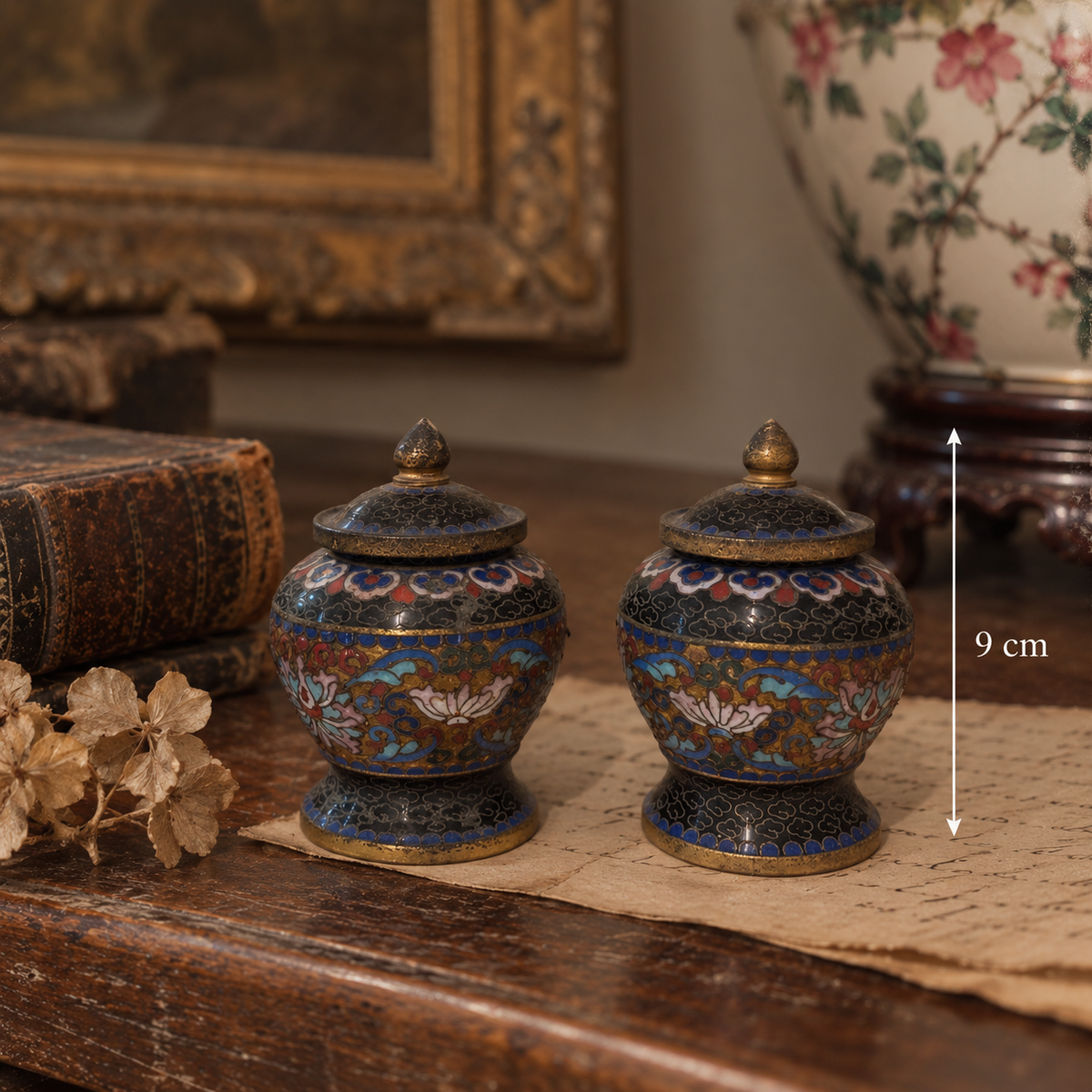 Pair of Vintage 9cm Chinese Cloisonné Lidded Mini Ginger Jars