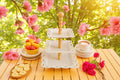 Three-Tier White Dessert Stand with Beaded Wood Handle