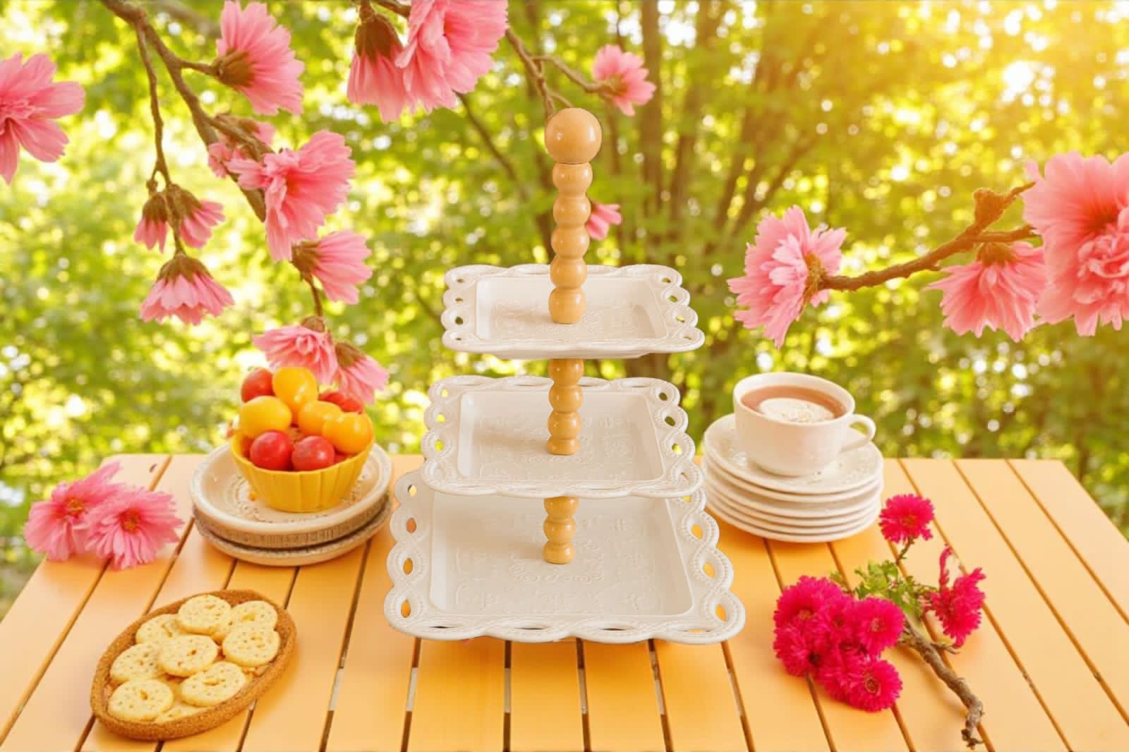 Three-Tier White Dessert Stand with Beaded Wood Handle