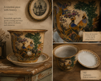 Vintage Satsuma Bird & Floral Porcelain Planter with Saucer