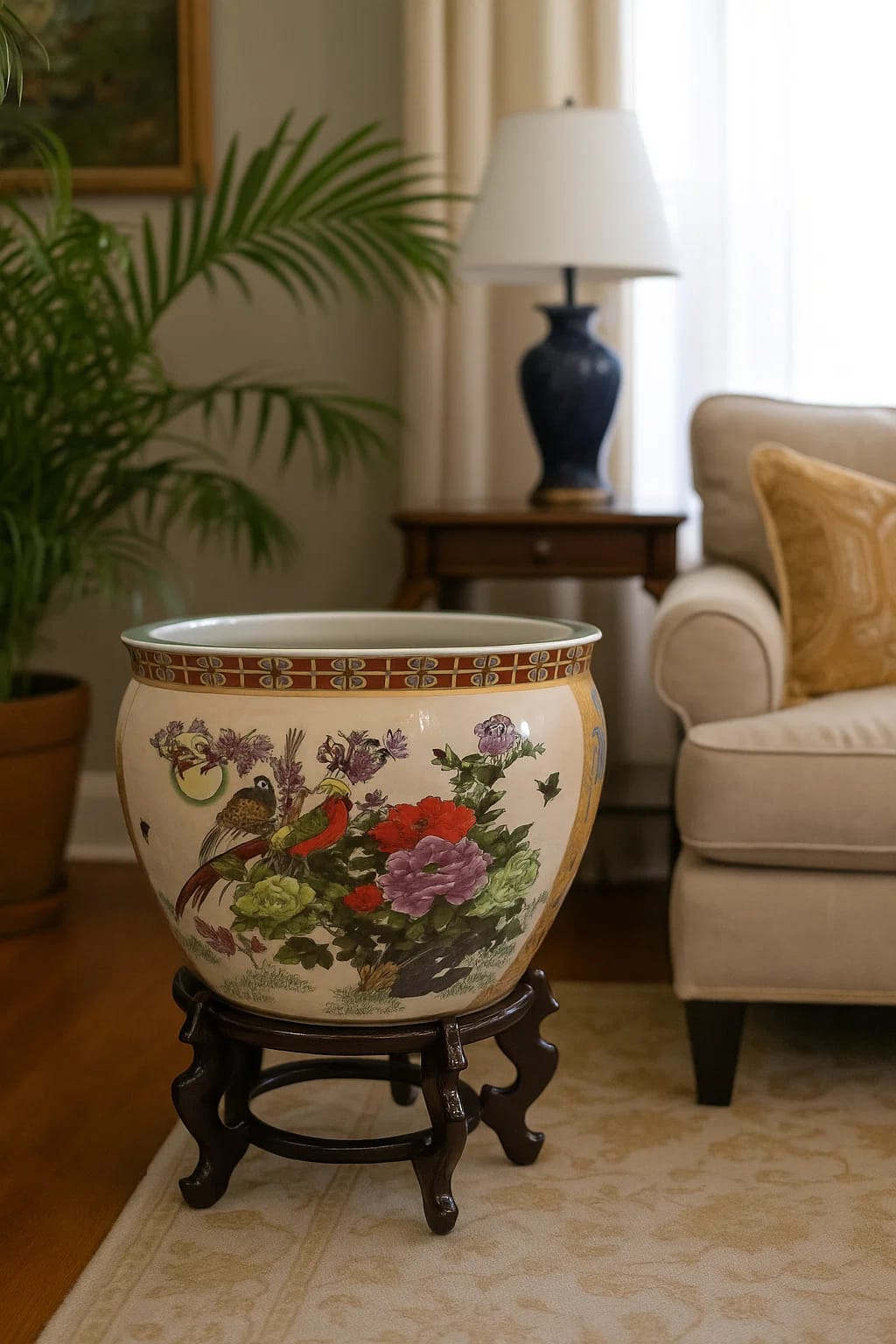 Porcelain Fishbowl Planter with Carved Wood Stand