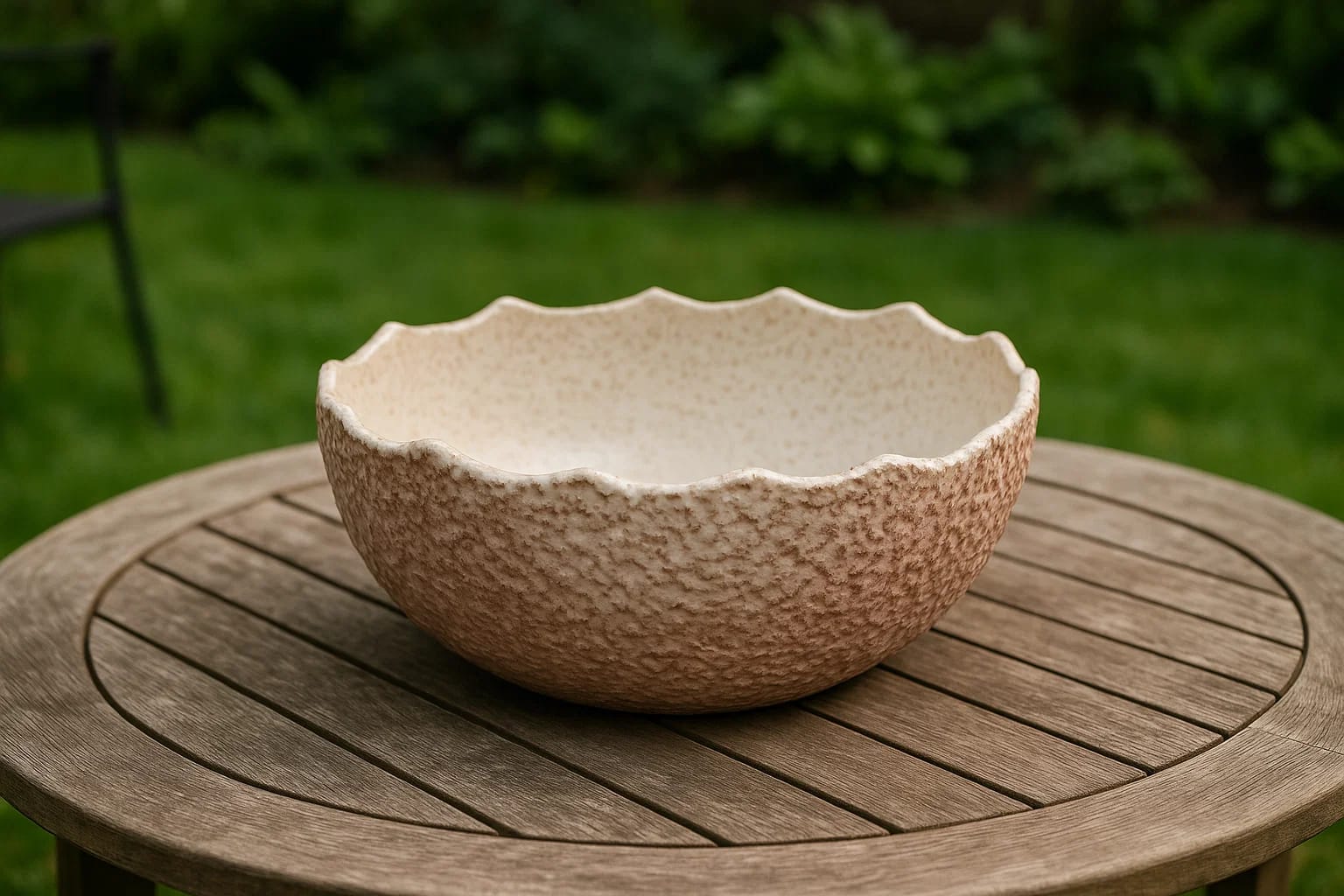 A handcrafted speckled ceramic
bowl with a scalloped, ruffled rim
and textured exterior.
