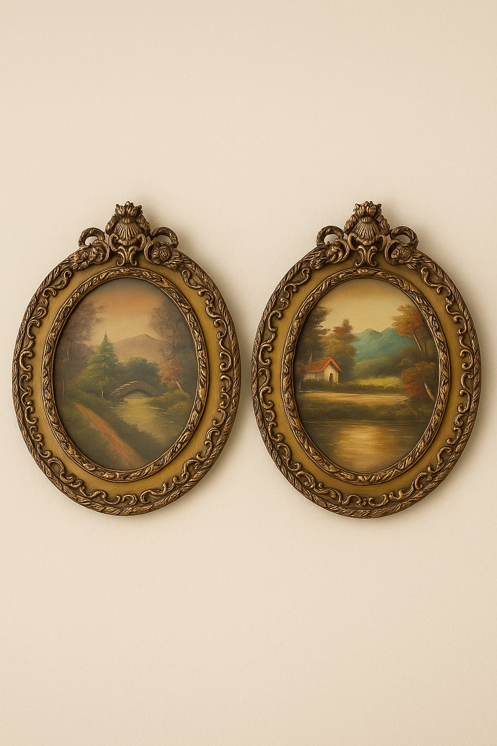 A pair of ornate oval frames with vintage landscape prints. Rich gilded detailing and classi...