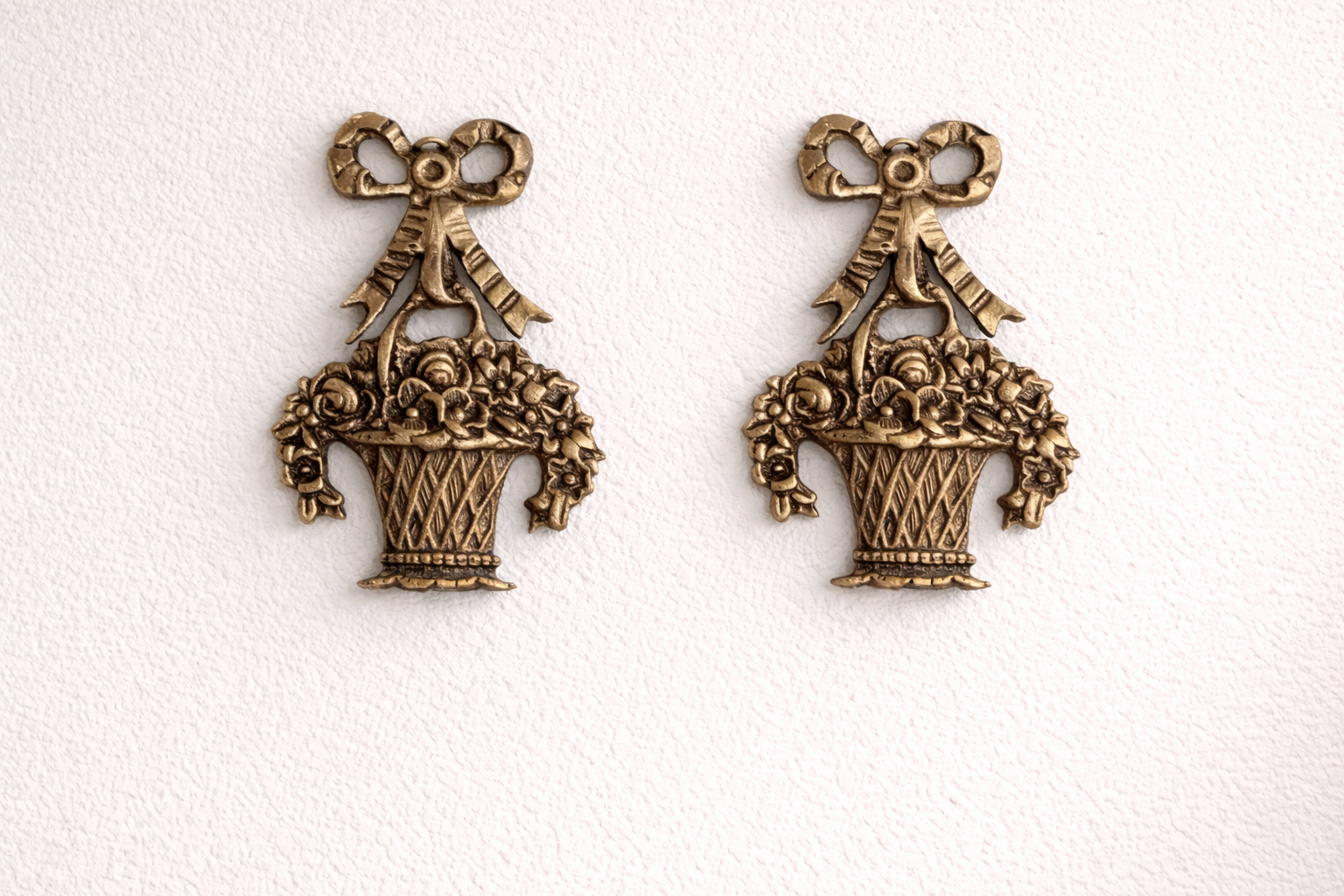 Vintage Copper Floral Basket Wall Plaques – Set of Two