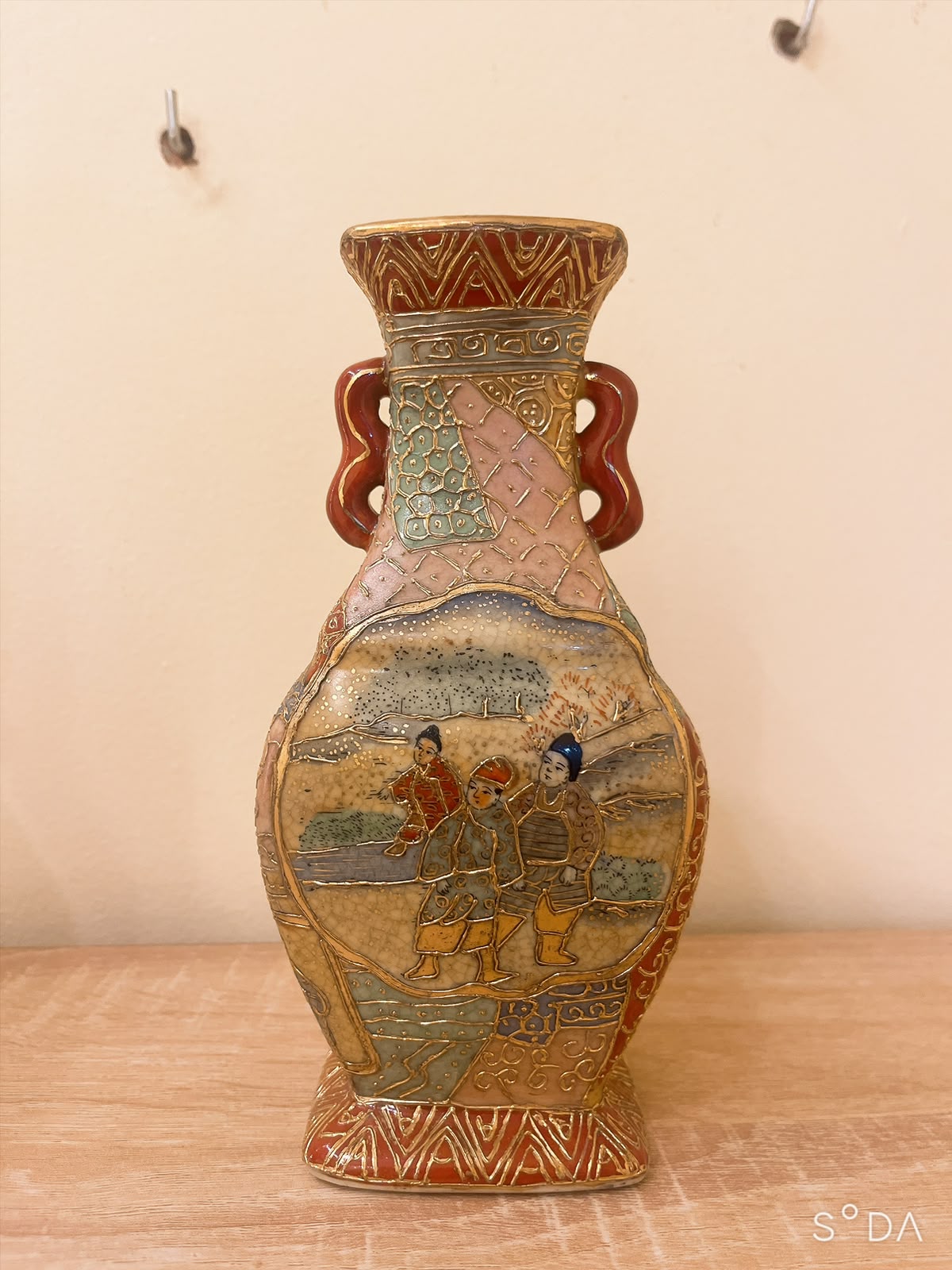 Pair of Vintage Chinese Satsuma Style Vases Figural Scene Crackle Glaze
