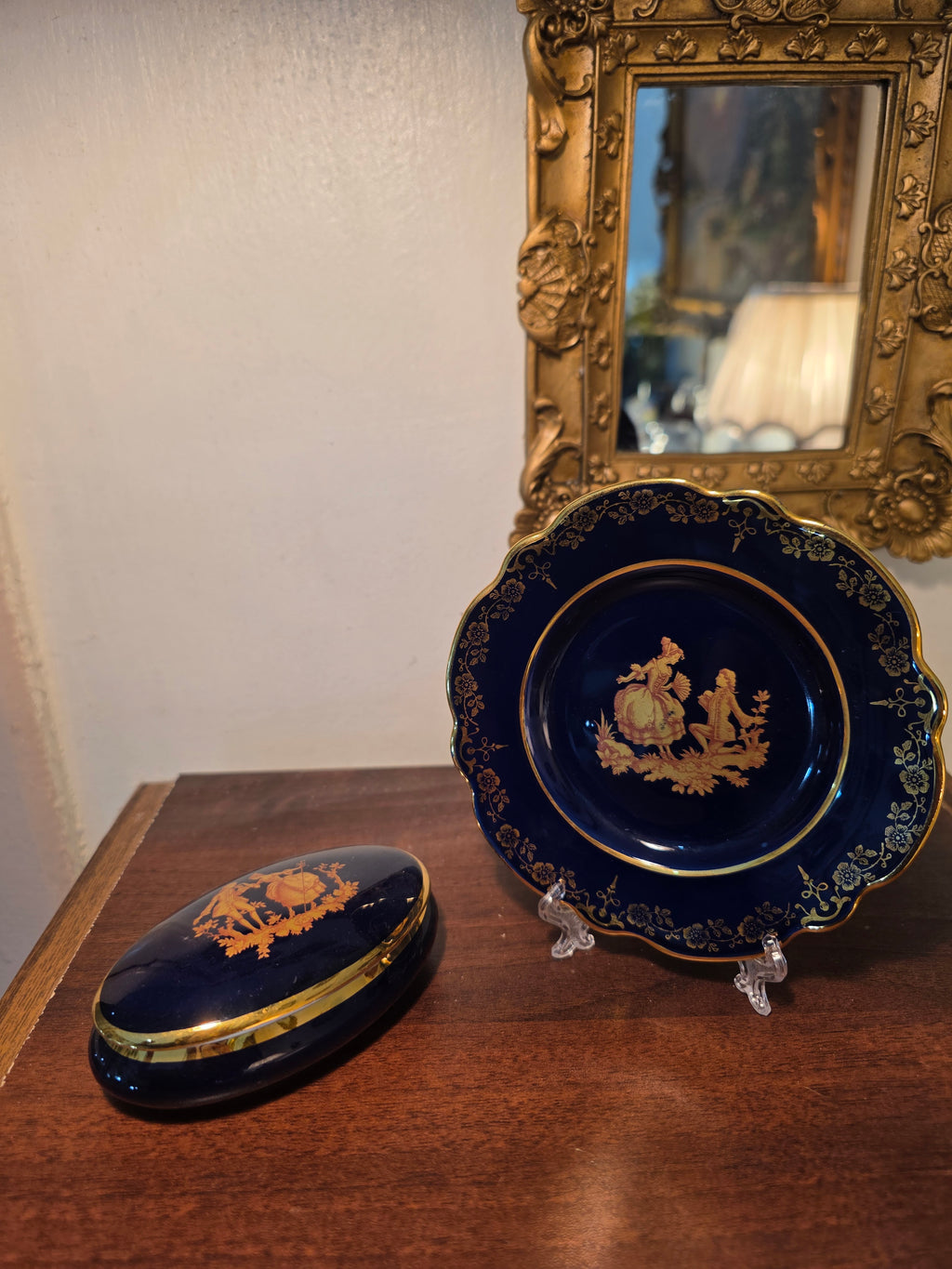 Vintage Cobalt Blue & Gold Porcelain Set – Romantic Cameo Design